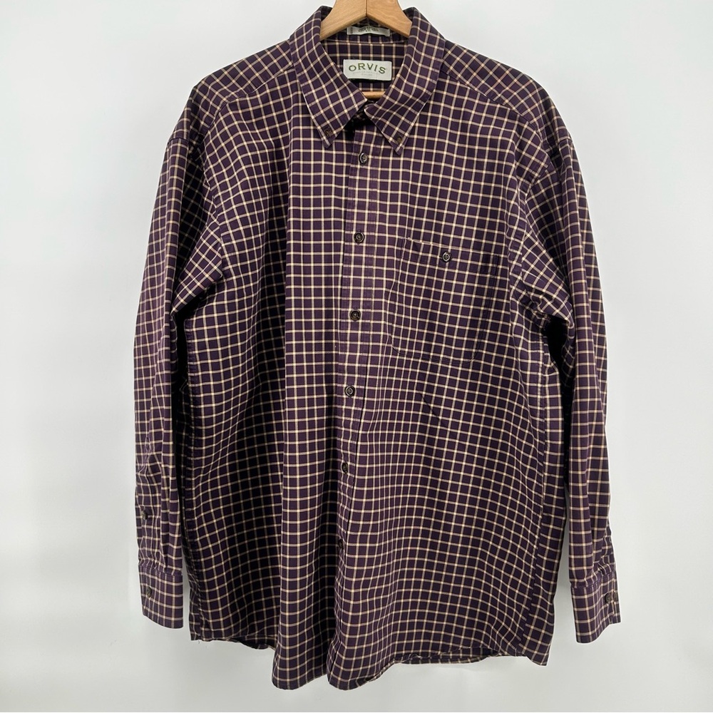 Orvis Men Button Down 2XL Purple Plum Check Heavy Cotton Outdoor Field Shirt‎